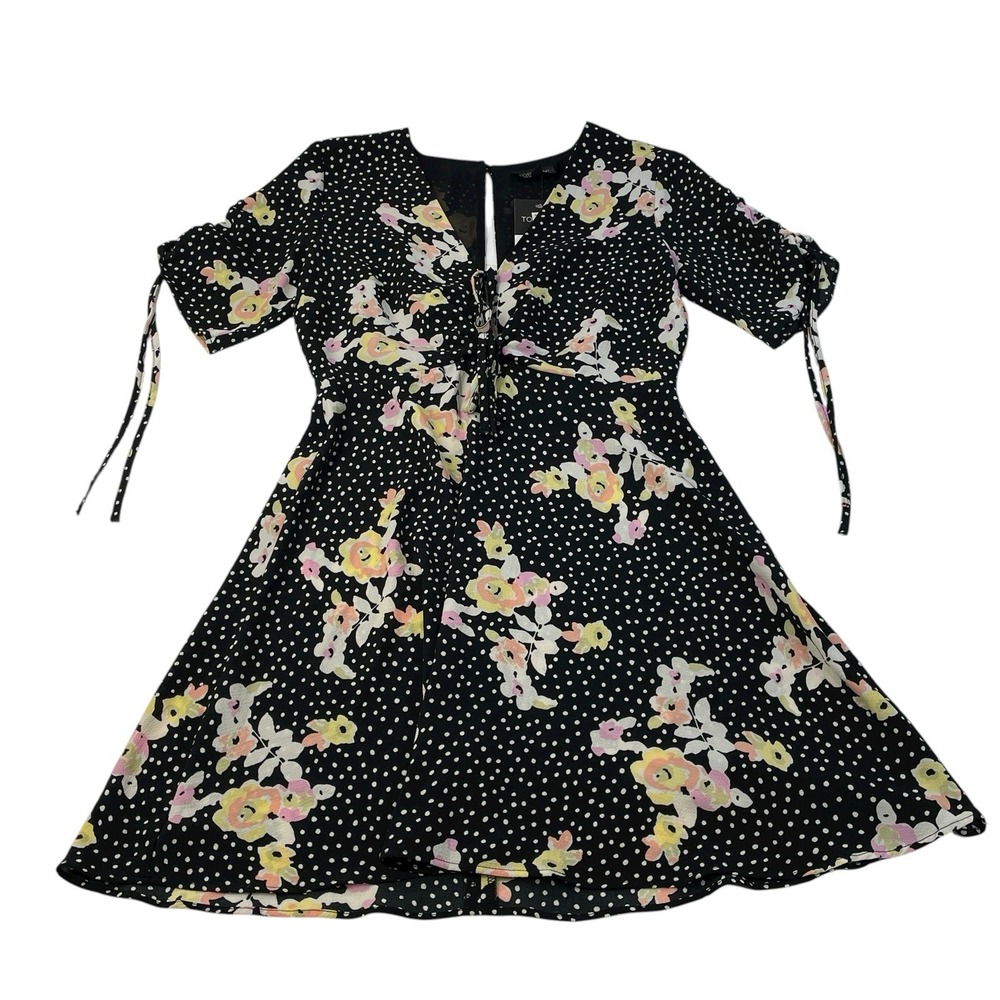Topshop Floral Polka Dot Mini Dress Black Pink Yellow NWT Women's US 6
